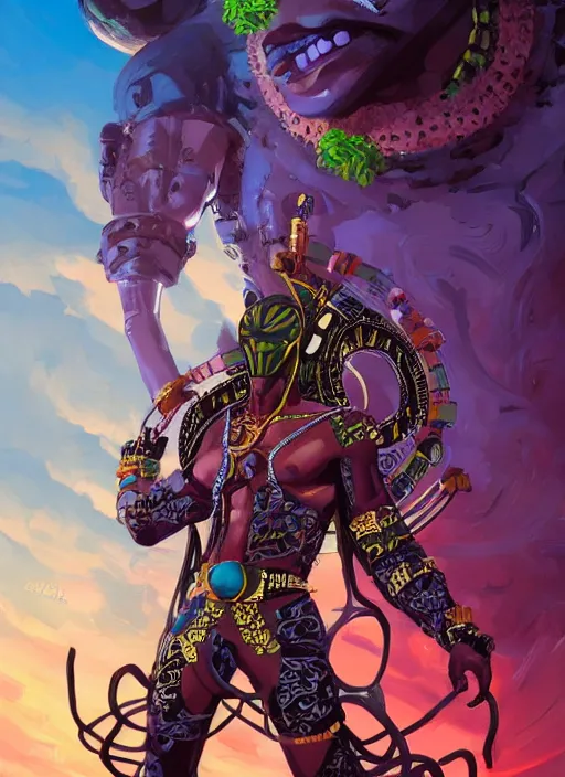 Image similar to highly detailed digital painting of afrofuturistic wakandan scientist cybernetic voodoo priest, masculine and sinister, 2 d game fanart behance hd by jesper ejsing, by rhads, makoto shinkai and lois van baarle, ilya kuvshinov, rossdraws, dramatic sunset, global illumination, radiant light, detailed and intricate environment