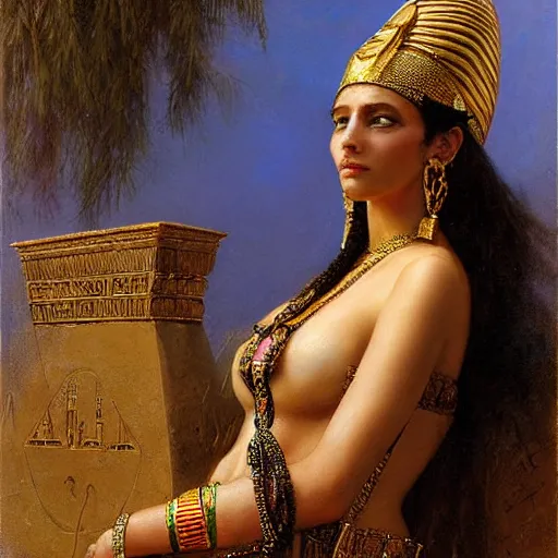 Image similar to elegant egyptian queen woman by a cemetary, detailed face, with a crown of skulls, skull earings, painting by Gaston Bussiere, Craig Mullins