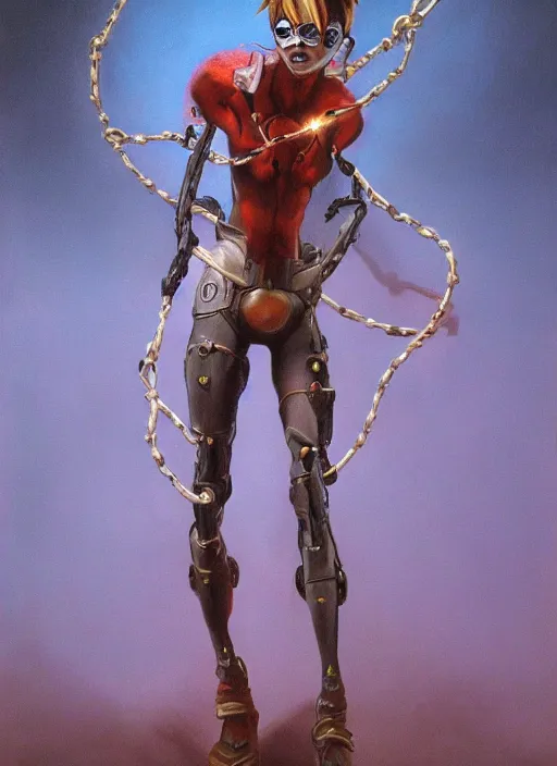 Image similar to full figure, painting of tracer from overwatch, in style of zdzisław beksinski, horror, 4 k, feminine facial features, full armor, full armor, detailed face, tall, dark ropes and chains in background