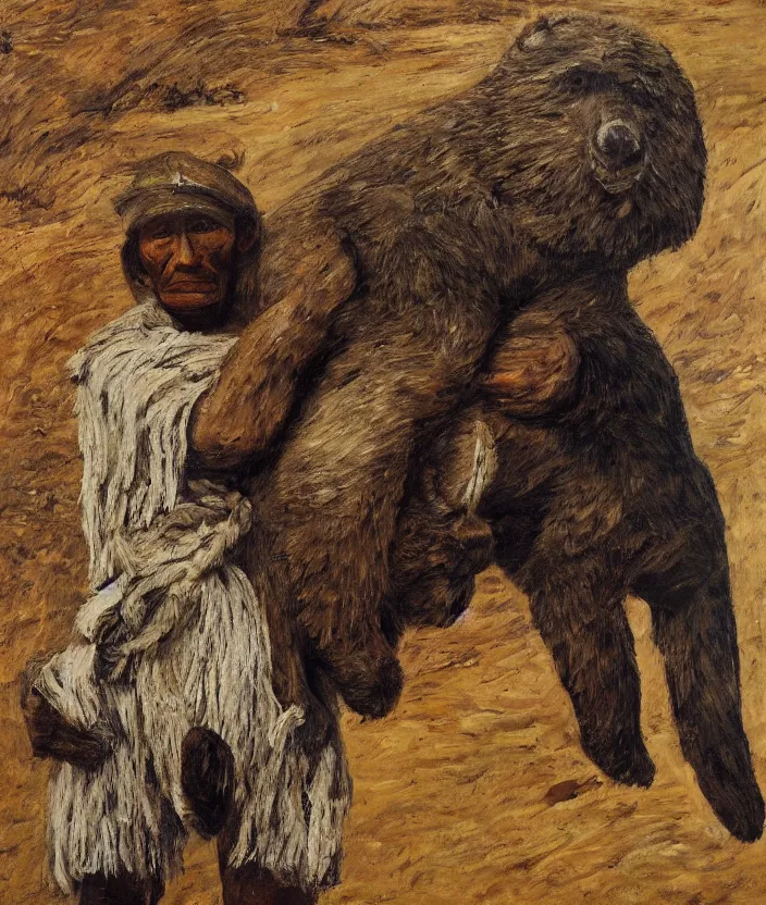 Image similar to indigenous man carrying a bear, painted by lucian freud, hd, super detailed, realistic, muted colors