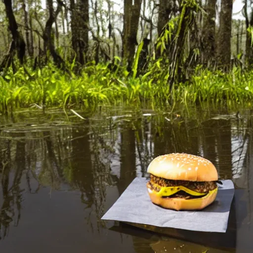 Image similar to a photo of a cheeseburger in a swamp