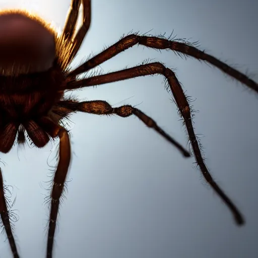 Prompt: detailed photograph of a levitating chocolate ice cream cone becoming a hairy spider body at the bottom. dramatic, golden light. realistic photograph.