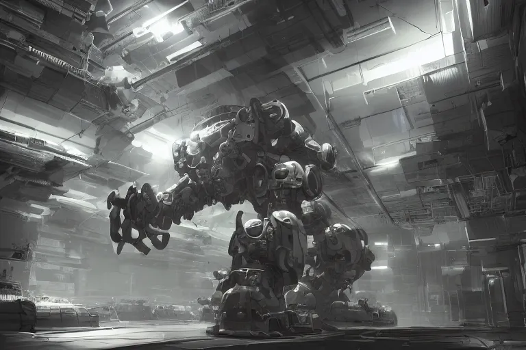 Image similar to parallax datacenter server room single mono colossus white rusty android robosaurus armoured in artstation cinematic detailed concept art volumetric light sharp coherent cgsociety