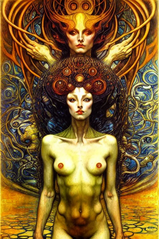 Image similar to Divine Chaos Engine by Karol Bak, Jean Delville, William Blake, Gustav Klimt, and Vincent Van Gogh, symbolist, visionary