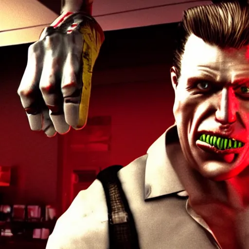 Prompt: Duke Nukem as The American Psycho, staring intensely, Duke Nukem art style, cinematic still