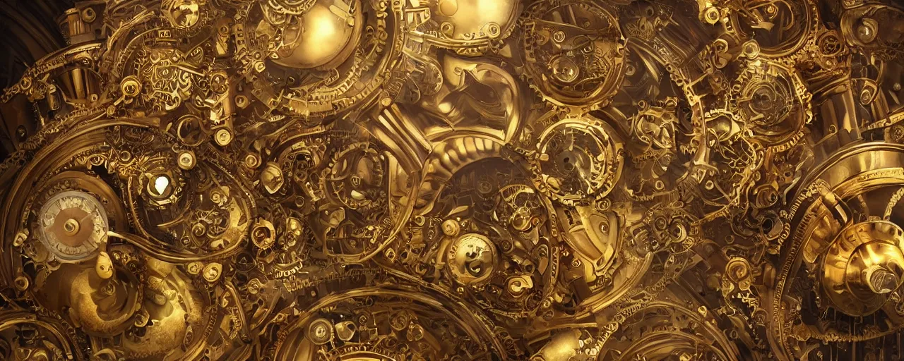 Prompt: dynamic composition, intricate golden clockwork machine with cogs!!!!!!, steam punk, steampunk, art deco!, ornate gilded cosmic machine, in the style of simon lee and jama jurabaev, engraved, artgerm, wlop, featured on cgsociety, unreal engine, 8 k render, octane, raytracing, photorealistic