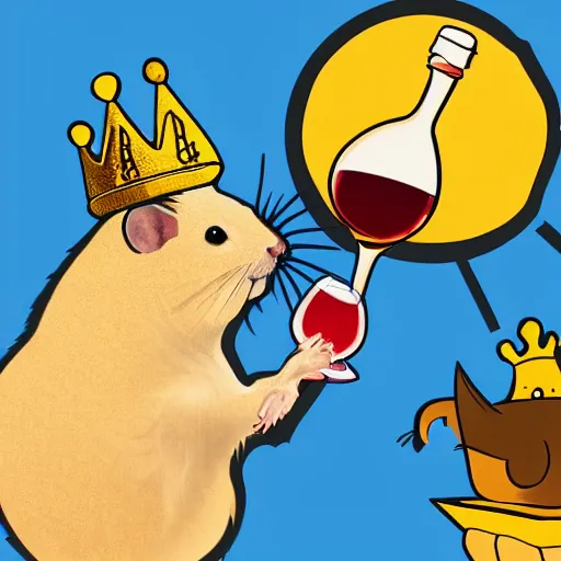 Image similar to a graffiti of a hamster wearing a golden crown and holding a glas of wine, by swiftmantis