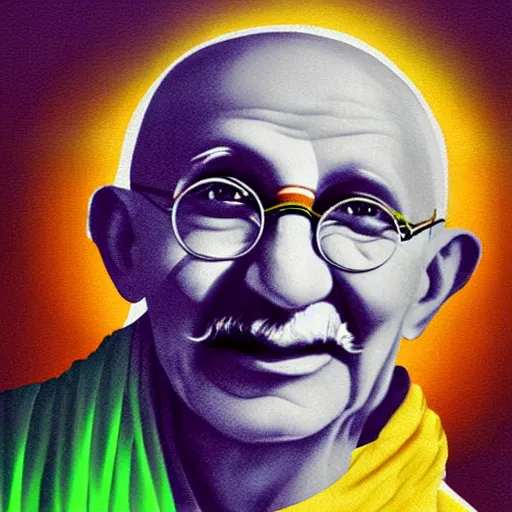 Prompt: Gandhi ji with tricolor in the space , digital art , glow effect ,