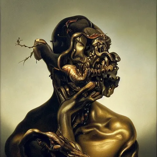 Image similar to refined gorgeous blended oil painting with black background by christian rex van minnen rachel ruysch dali todd schorr of a chiaroscuro portrait of an extremely bizarre disturbing mutated man with shiny skin acne dutch golden age vanitas intense chiaroscuro cast shadows obscuring features dramatic lighting perfect composition masterpiece