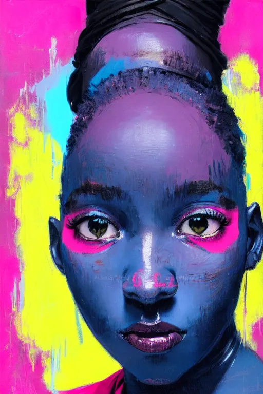 Prompt: portrait of a stylized african young lady, painted in acrylic, pigment textures, in the colors hot pink and cyan, beautiful realistic face, rule of thirds, spotlight, by greg rutkowski, by jeremy mann, by francoise nielly, by van gogh, by ross tran, in focus