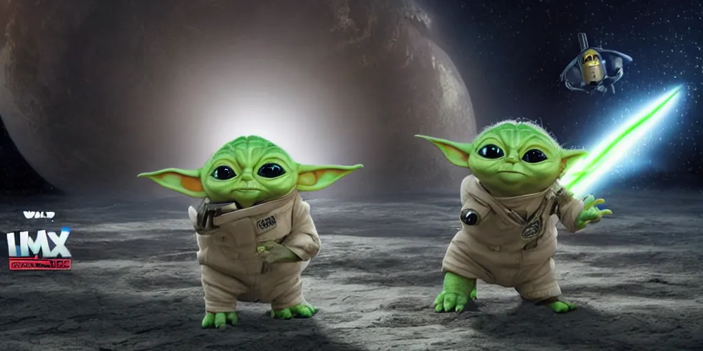 Image similar to a 3 d rendered movie still, wide - angle 1 0 0 m in the distance, baby yoda wearing a spacesuit, and exploring cosmos in a super awesome space ship. science fiction blockbuster movie, dramatic lighting, imax 7 0 mm. buzz lightyear