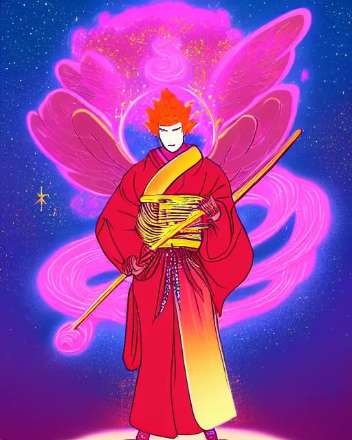 Prompt: a character portrait of a male angel with golden fiery wings, surrounded by spiriling sparkling rose crystals and galaxies, hyper light drifter, ukiyo - e trending on artstation
