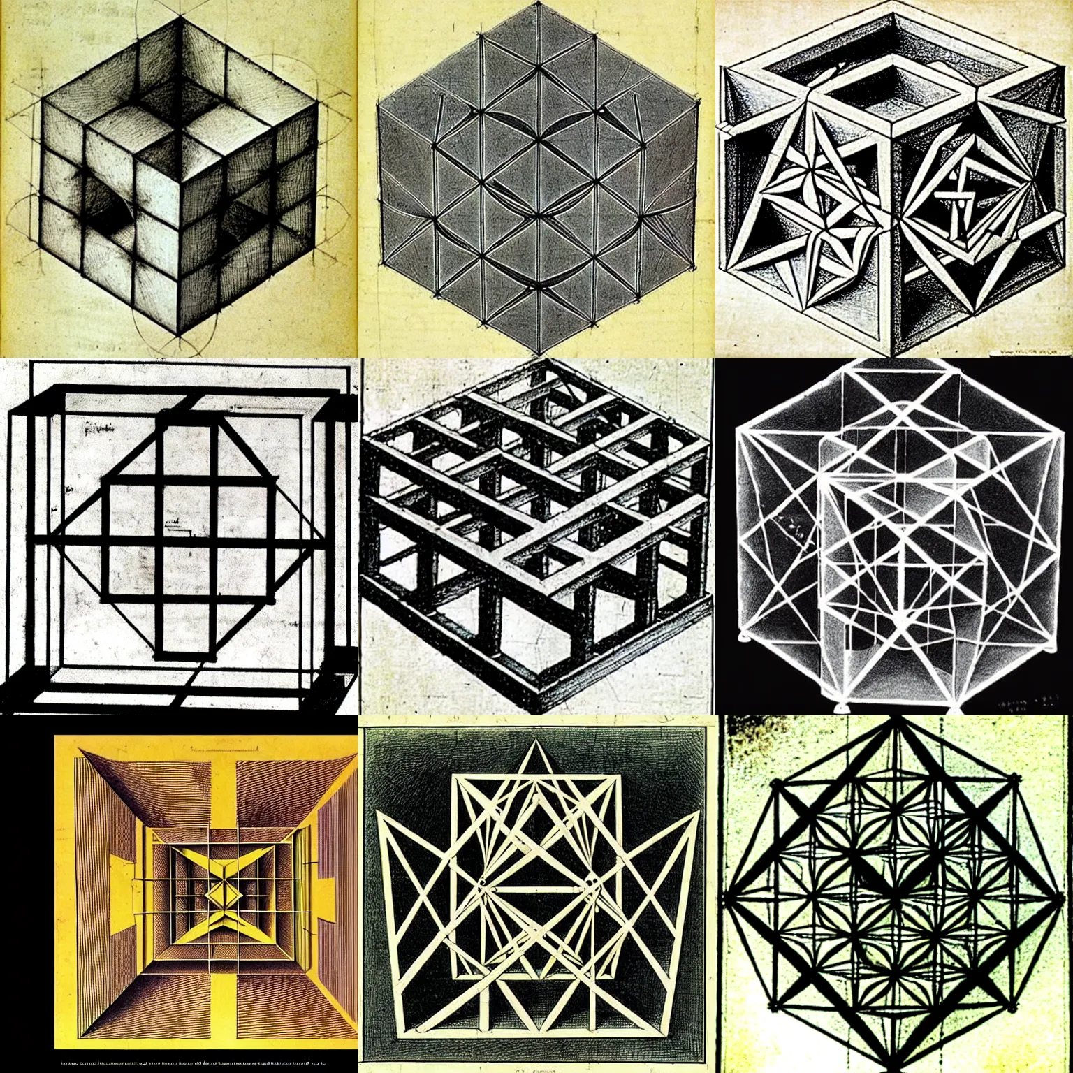 Prompt: a diagram of a 4 - dimensional hypercube by leonardo da vinci and m c escher