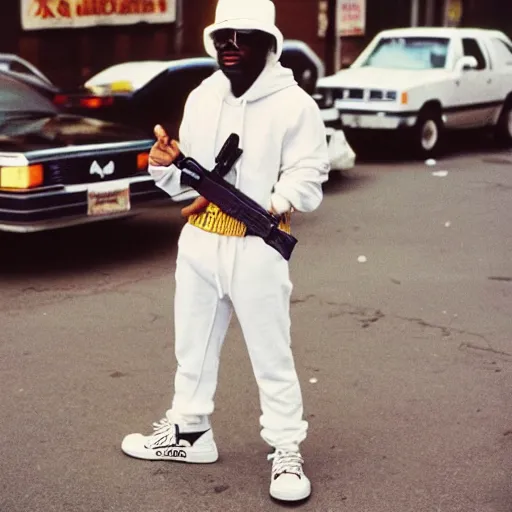 Image similar to 1985 the Bronx in New York. A photographic portrait of a tough rapper wearing a white jogging and white Adidas sneakers and a lot of gold necklace and a white sun hat and holding a gun and a getthoblaster. Gang vibes. Kodachrome. High quality press photography. A bit out of focus. 120mm. Washed out colors. Picture taken in the street of the Bronx. Summer day