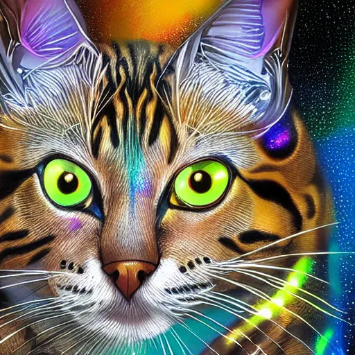 Image similar to Highly detailed portrait of a bengal cat wearing iridescent shimmering cosmic gothic ninja armor made of circuitry, epic scene