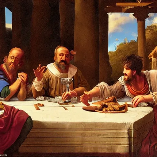 Image similar to Two men arguing at a crowded table at a Roman feast, beautiful and realistic matte painting