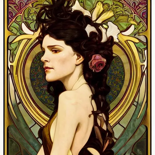 Image similar to an art nouveau painting in the style of mort kunstler, and in the style of charlie bowater, and in the style of alphonse mucha. floral patterns. gold leaf. symmetry, smooth, sharp focus, semi - realism, intricate detail.