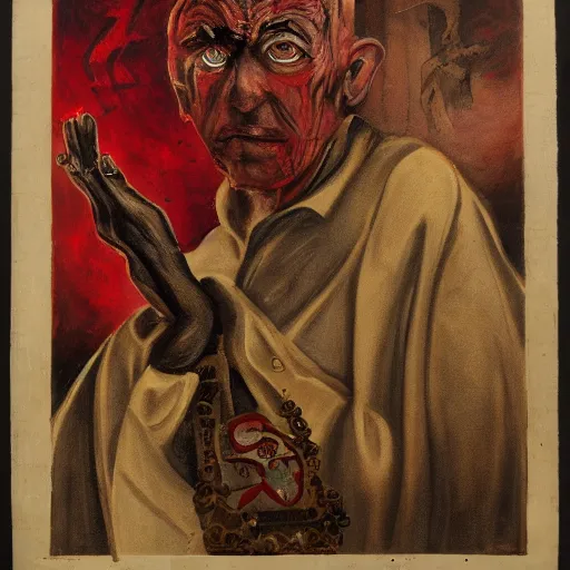 Image similar to portrait of alexander abdulov, with a red eyes, satanic body, head of old man, in blood of sinners, hellish style