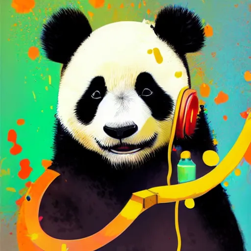 Image similar to colorful illustration of panda in headphones, colorful splatters, by andy wrahol and zac retz and kezie demessance