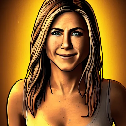 Image similar to jennifer aniston portrait, borderlands, tales from the borderlands, the wolf among us, comic, cinematic lighting, studio quality, 8 k