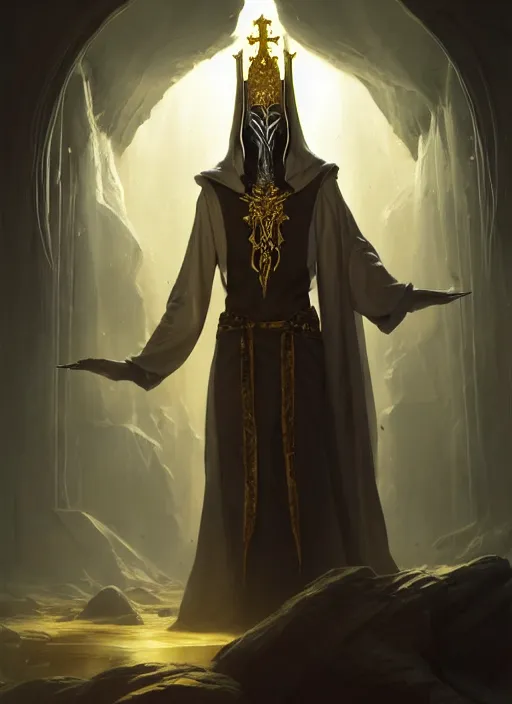 Image similar to slender high priest with dark and white and robe with golden elements, subsurface scattering, by jesper ejsing, justin gerard, tomasz alen kopera, cgsociety and fenghua zhong, highly detailed, rim light, cinematic lighting, illustration, art, octane render, very coherent, cinematic, hyper realism, high detail, octane render, 8 k