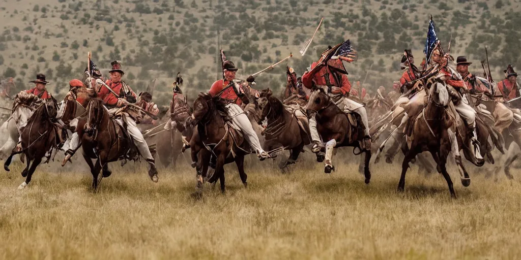 Prompt: promotional movie still of an action shot from the battle of little bighorn, custer's last stand, majestic horses, desperate action, dramatic hdr natural light, cinematic lighting, extremely high detail, photorealistic, imax 7 0 mm, iso 4 0 0, 8 k, 4 k, hq