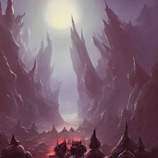 Prompt: people walk along a narrow road into an interdimensional portal, on both sides of the road death knights stand and watch huge people, the style of gloomy fantasy paintings, detailing, stylization,