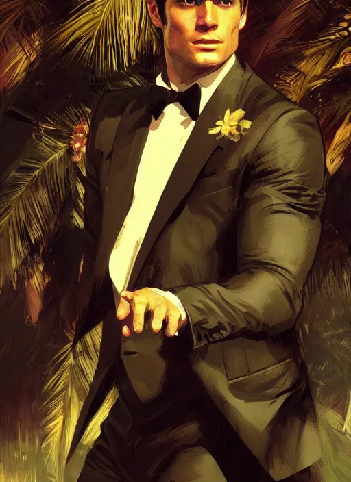 Image similar to portrait of henry cavill as james bond, casino, key art, sprinting, palm trees, highly detailed, digital painting, artstation, concept art, cinematic lighting, sharp focus, illustration, by gaston bussiere alphonse mucha