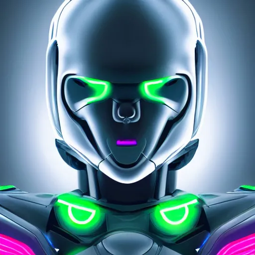 Image similar to futuristic robot with neon eyes, hyperrealistic, cinematic, sleek, epic fantasy background