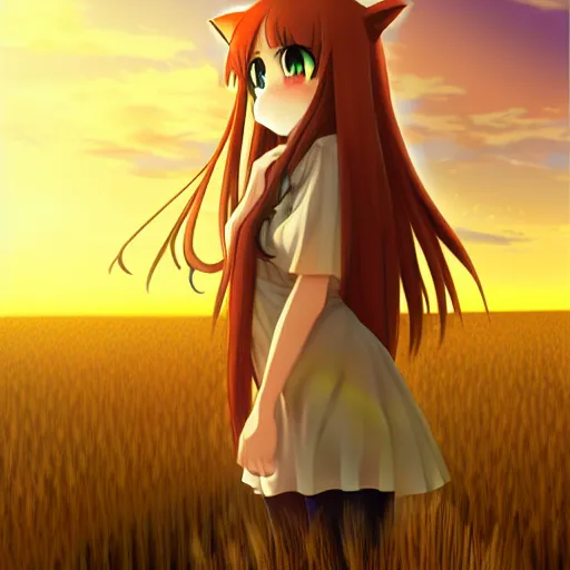 Image similar to anime illustration of Holo from Spice and Wolf standing in a wheat field at sunset, Holo is a wolf girl, high detail, trending on pixiv