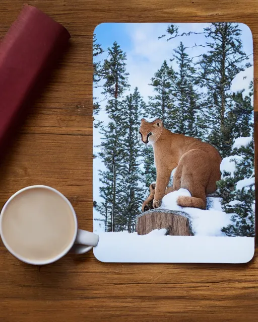 Prompt: postcard showing 'a cougar sleeping in the middle of snowy pine tree' laying on coffee table, zoomed out, HD, iphone capture