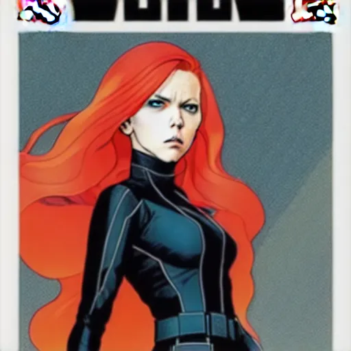 Image similar to phil noto comicbook cover art, black widow marvel, symmetrical eyes, long red hair, full body, city rooftop