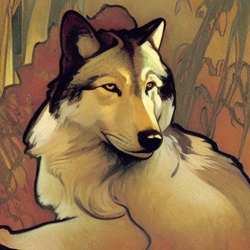 Prompt: an animal portrait of a wolf by alphonse mucha and gregory manchess