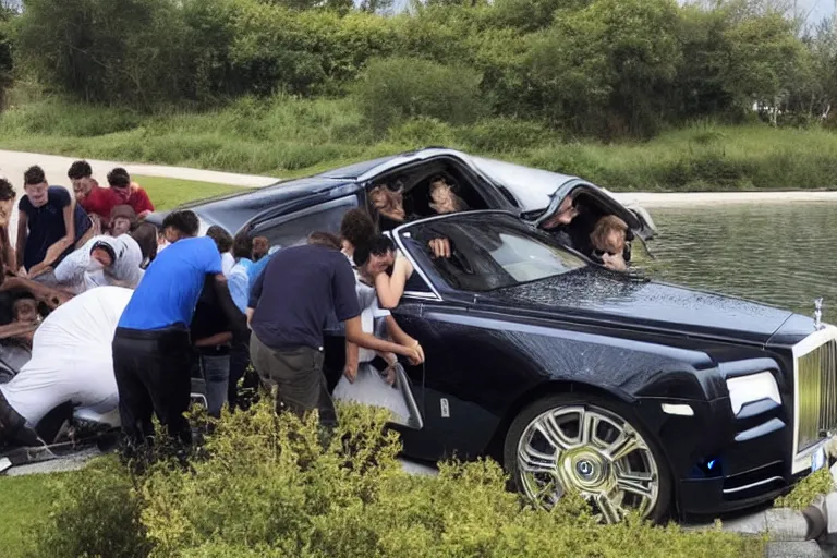 Image similar to Group of teenagers push Rolls-Royce into lake with their hands from a small slide wanting to drown him