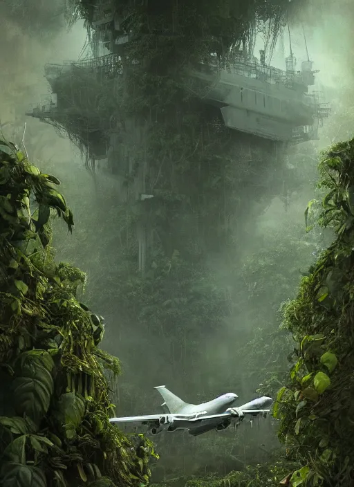 Image similar to aircraft carrier USS Nimitz laying on the ground of a tropical forest, overgrown with vegetation, hanging vines, post appocalyptic, by Luis Royo, by Greg Rutkowski, dark, gritty, intricate, cover illustration, concept art, volumetric lighting, volumetric atmosphere, sharp focus, octane render, trending on artstation, 8k