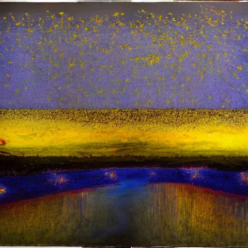 Image similar to goldenrod by sidney nolan weary. a mixed mediart of a group of flying islands, each with its own unique landscape, floating in the night sky. the islands are connected by a network of bridges. a small group of people can be seen walking along one of the bridges.