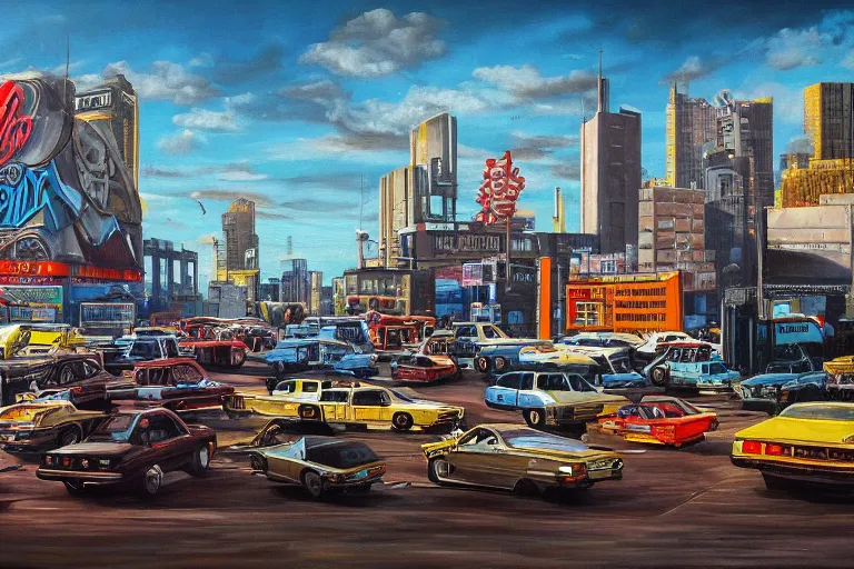 Prompt: 4 k hyper realistic oil painting of 1 9 8 0 s city with old cars and a big speaker array in the sky booming heavy metal music, detailed painting in the style of axel aabrink