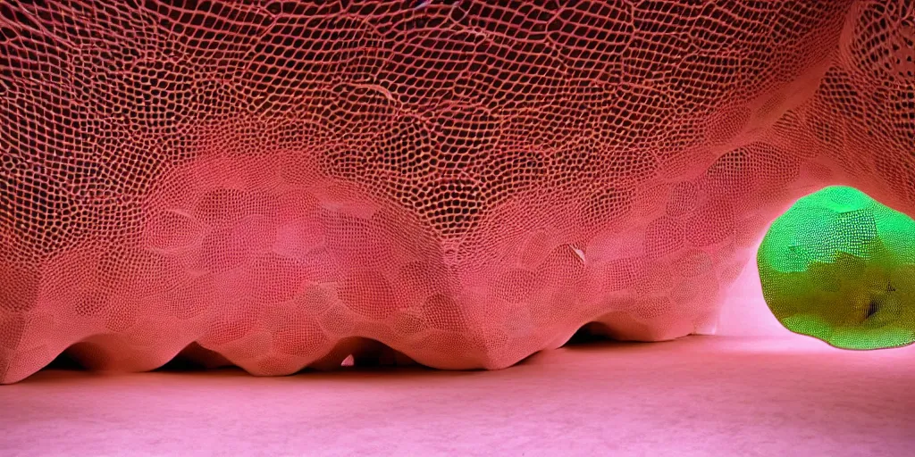 Image similar to biomorphic honeycomb structures by ernesto neto, light - mint with light - pink color, 4 k, insanely quality, highly detailed, film still from the movie directed by denis villeneuve with art direction by zdzisław beksinski, telephoto lens, shallow depth of field