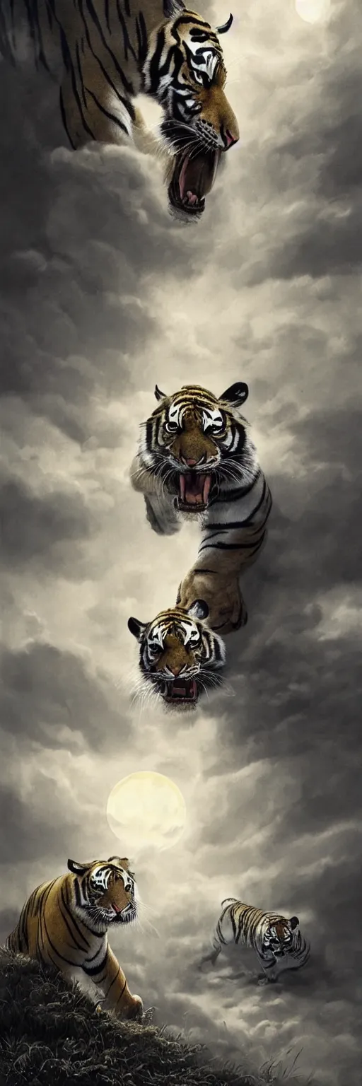 Prompt: a full side view Bengal Tiger walking parallel to 1950 3 storey plain block apparent, dramatic moonlight with some clouds, cinematic lighting, ultra detailed, highly detailed, sharp focus, scene et observed by 2 scaired blond European boys, photographic, art by artgerm and greg rutkowski and zdislav beksinski