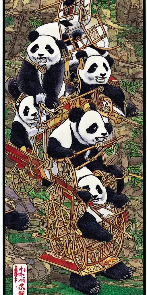 Image similar to a chariot drawn by pandas in japan, 1990s anime, full color, tarot card the chariot, highly detailed