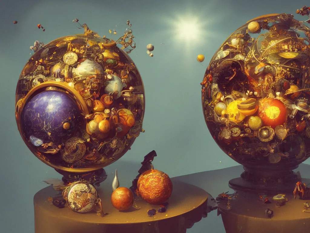 Image similar to 3 d render, sunlight study, the universe is a spheroid region 7 0 5 meters in diameter, art nouveau, by jan davidz de heem and ( ( ( ( ( lisa frank ) ) ) ) ), 8 k, sharp focus, octane render