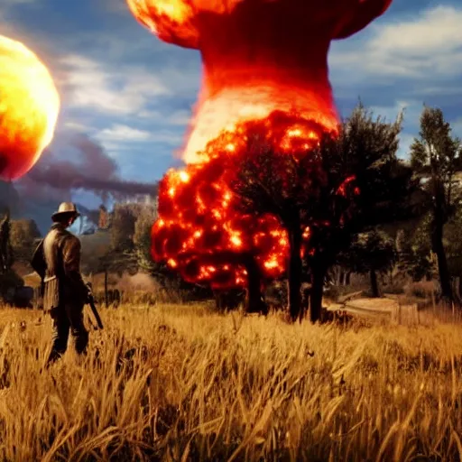 Image similar to nuclear explosion with huge mushroom cloud, rdr 2 screenshot