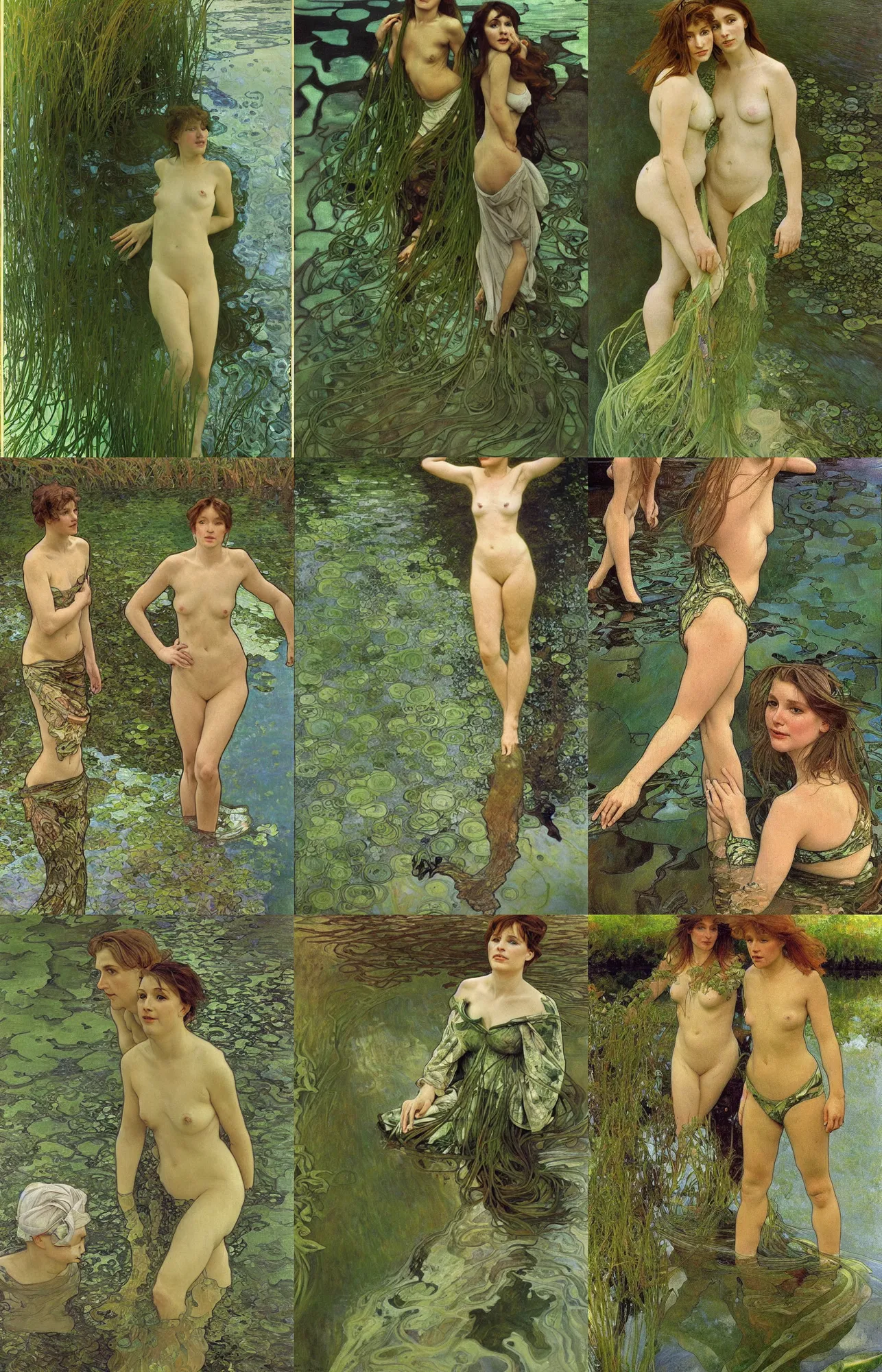Prompt: hyperrealist portrait in a river, full body green water algae by alphonse mucha and lucian freud, very detailed faces
