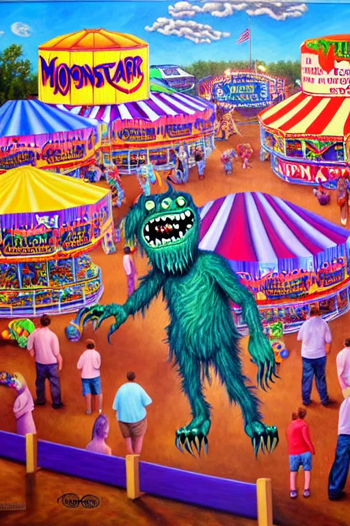 Image similar to a hyperrealistic painting of a monsters day at the county fair, cinematic horror by jimmy alonzo, lisa frank, the art of skinner, highly detailed, vivid color,