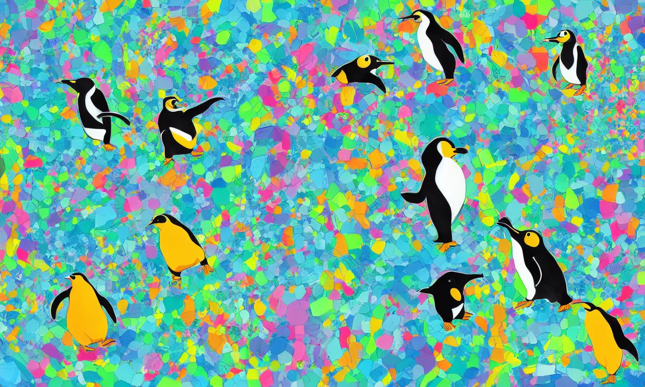 Prompt: three colorful pinguins, forested blobs and interconnected high speed rails, digital art, illustration