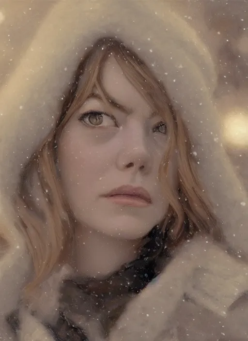 Prompt: emma stone in beige coat, close up, winter new york, snow, artwork by gaston bussiere, craig mullins, trending on artstation