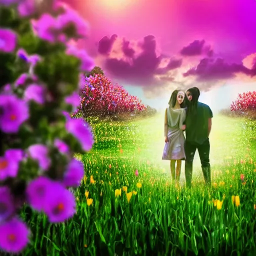Prompt: a couple holding hands in a field of flowers, symmetrical face, beautiful, vfx, photo realistic, 8 k, aesthetic