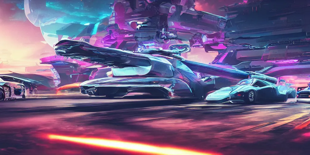 Prompt: high octane car chase, futuristic, sci - fi, vaporwave, wide shot, digital art, detailed