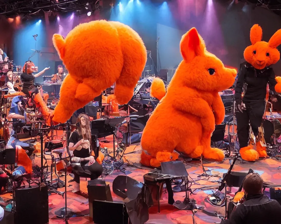 Prompt: an animatronic band composed of an orange rabbit, a red cat, and a blue sheep. the band is performing on stage at a family entertainment center. the center is brightly lit and there are families watching and enjoying the show.