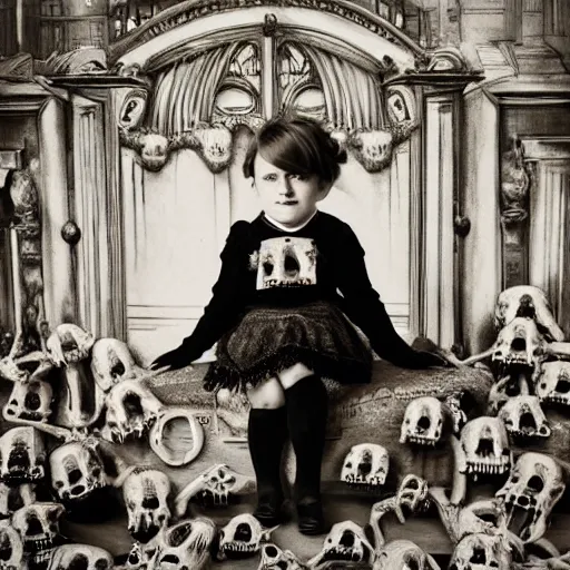 Prompt: a photo of young sad victorian gothic child with big eyes and wide grin sitting on a sofa of bones surrounded by a cyber futuristic cityscape made of human body parts, lighting, 5 0 mm, perfect faces, award winning phhotography